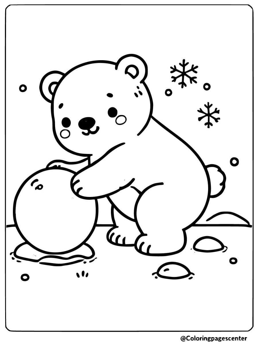 Cute bear rolling snowball coloring page