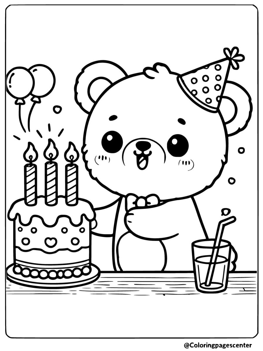 Bear celebrating birthday coloring page