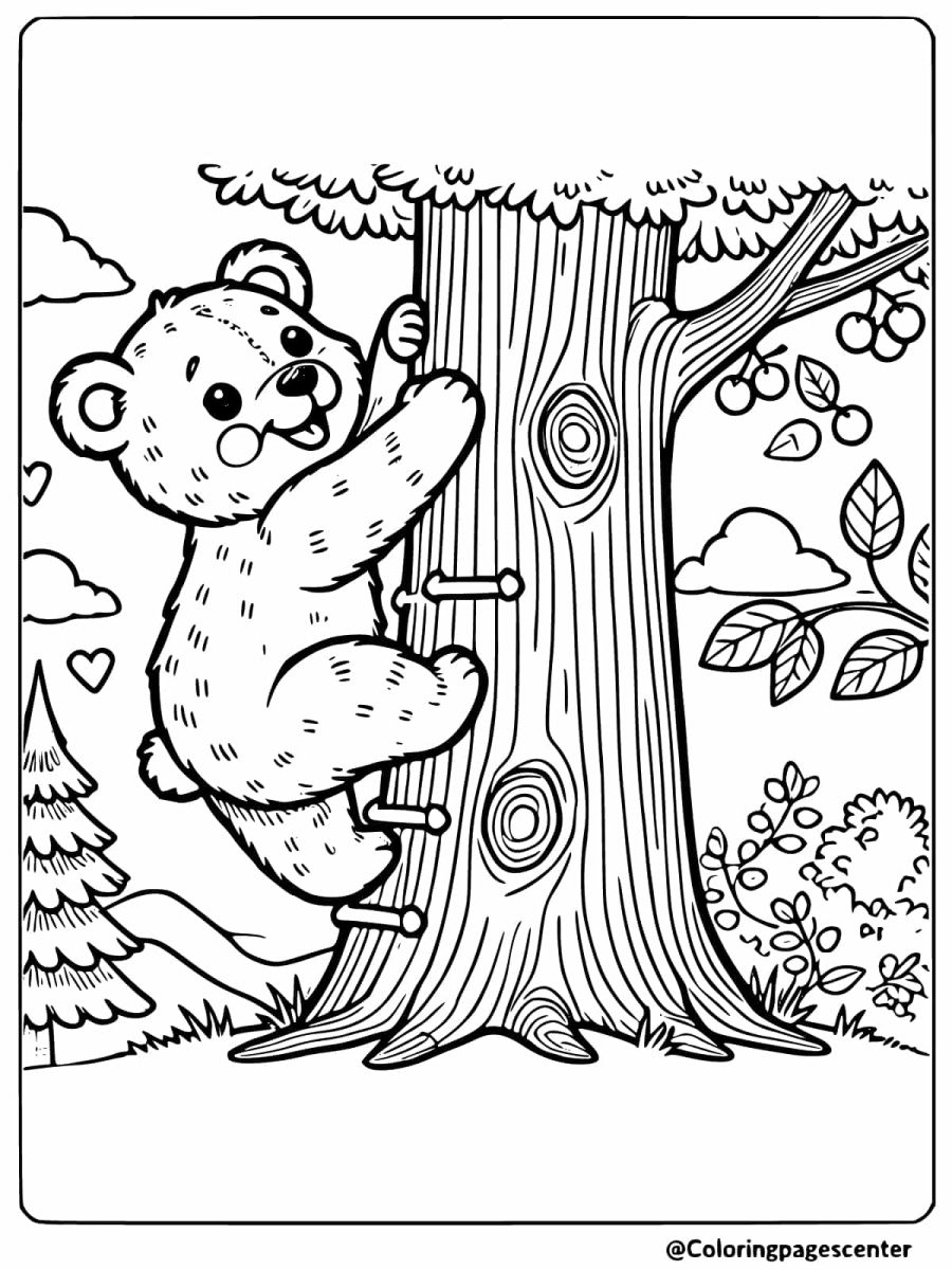 Bear climbing a tree coloring page