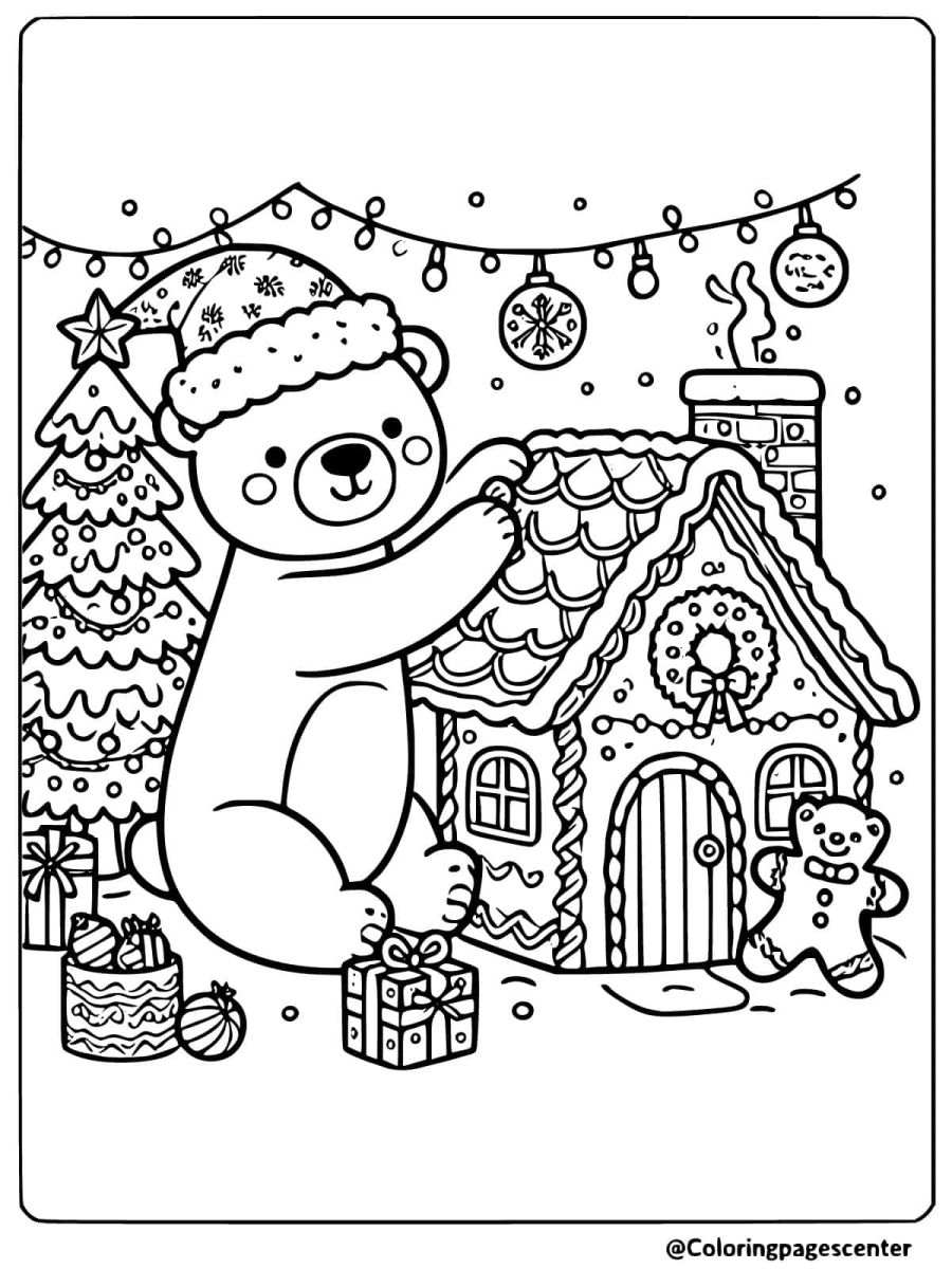 Festive bear with gingerbread house coloring page