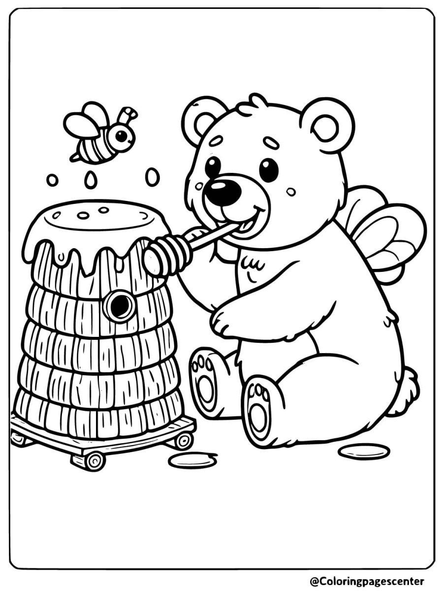 Bear eating honey with bee coloring page