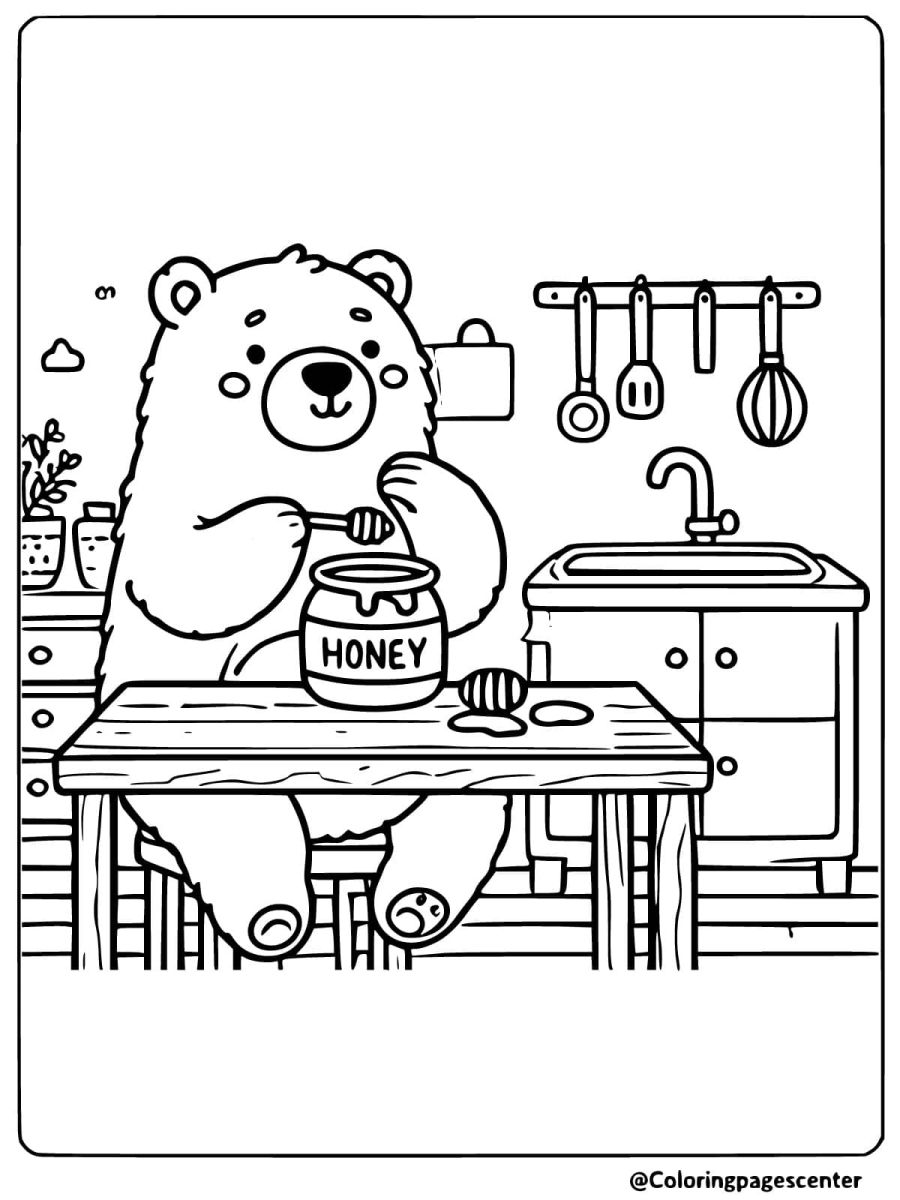 Bear eating honey in kitchen coloring page