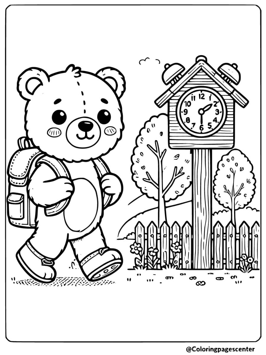 Bear going to school coloring page