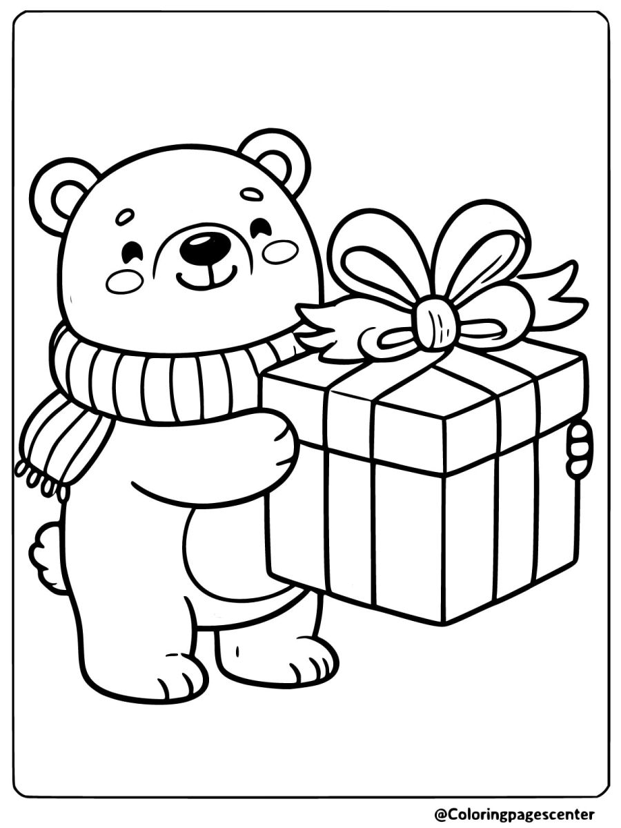 Happy bear with gift coloring page