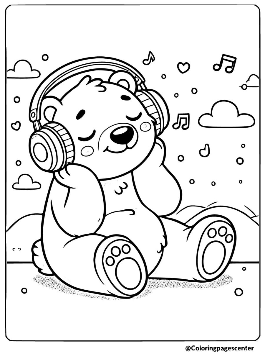 Relaxed bear with headphones coloring page