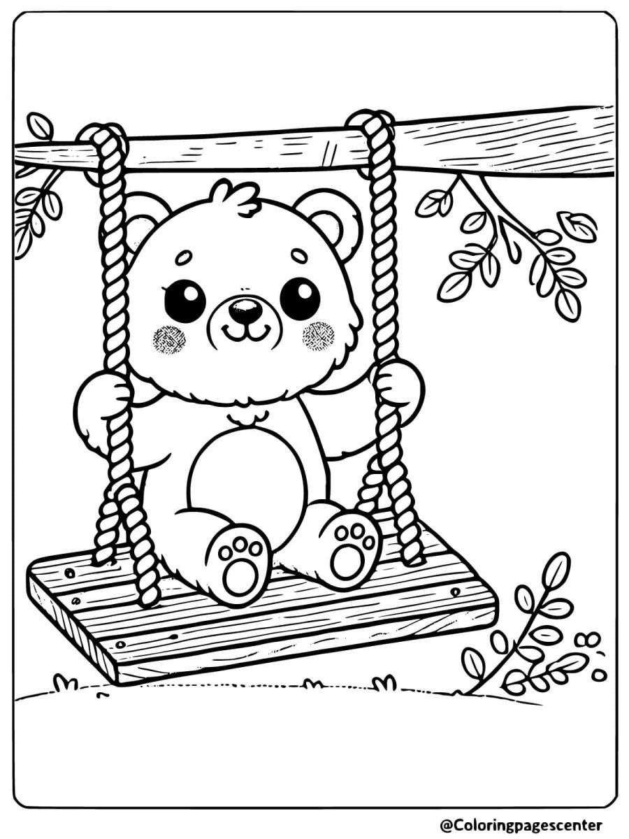 Bear sitting on a swing coloring page