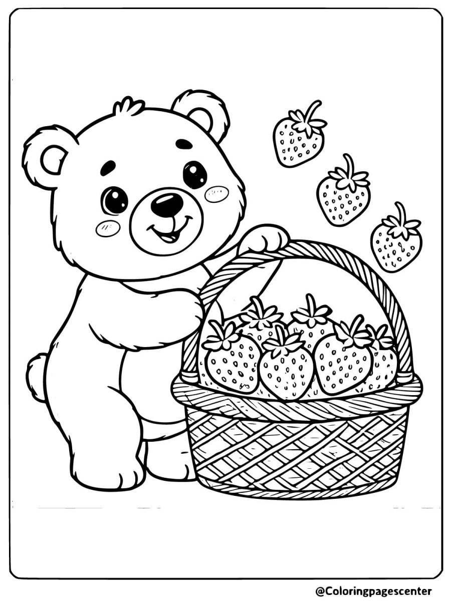 Cheerful bear with strawberries coloring page