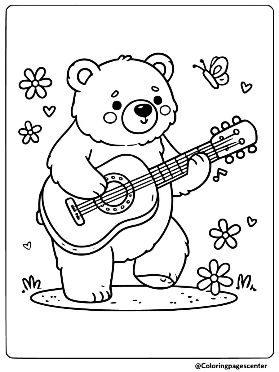 Bear playing guitar coloring page