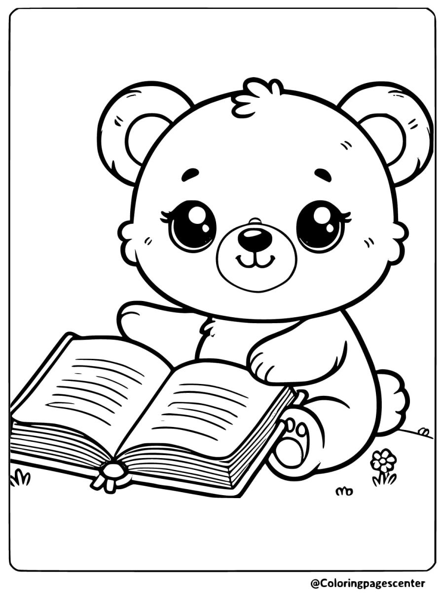 Bear reading a book coloring page