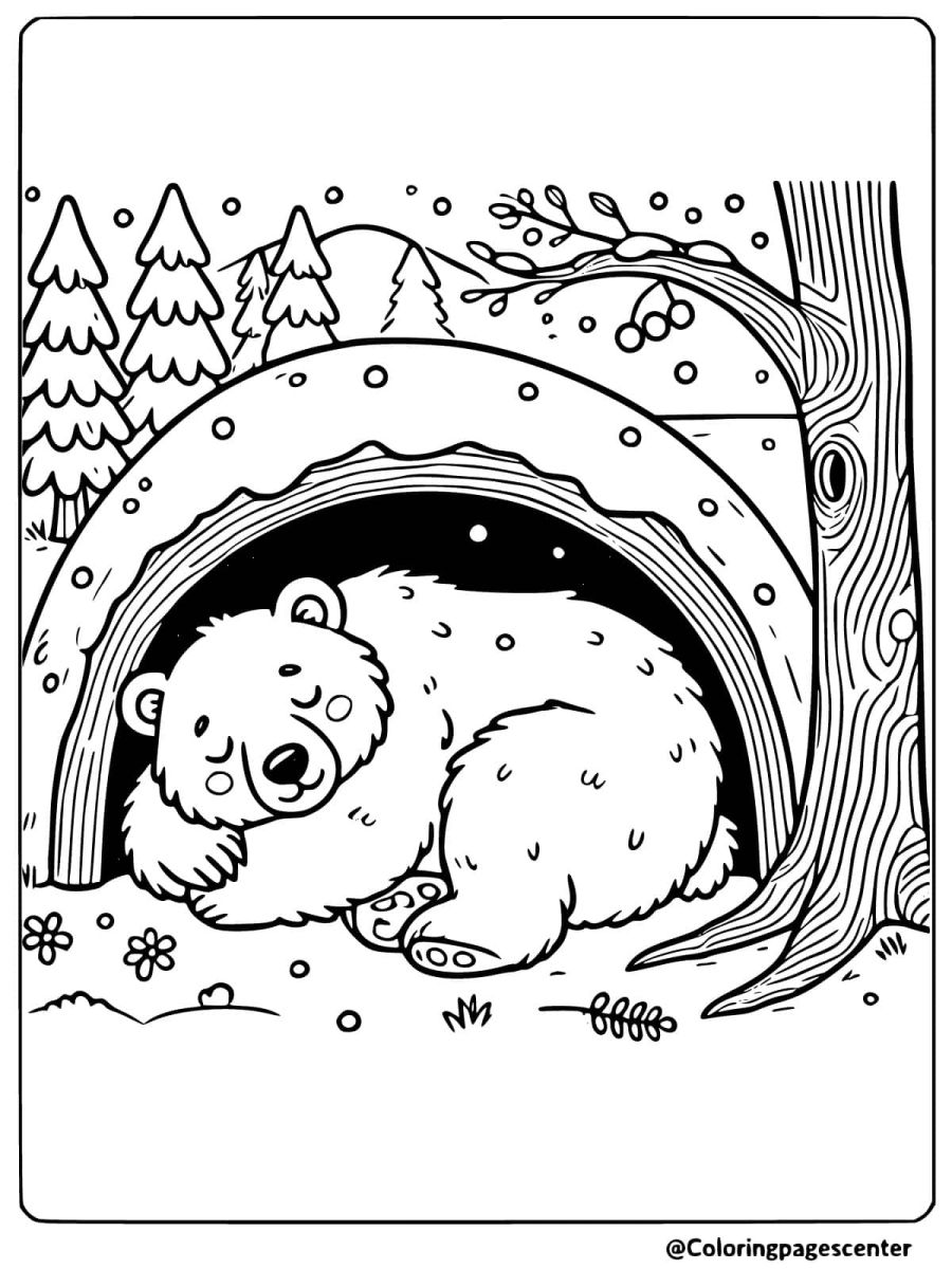 Sleeping bear in cave coloring page