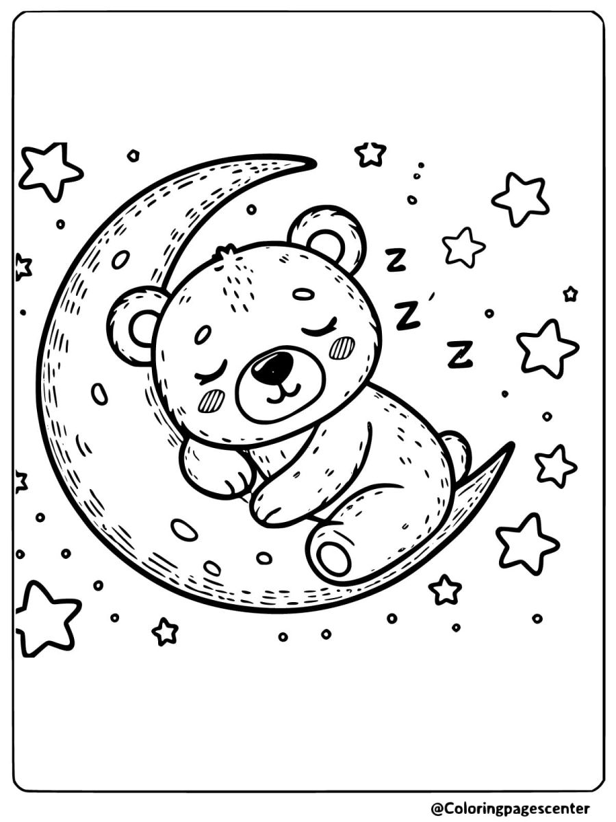 Bear sleeping on moon coloring page