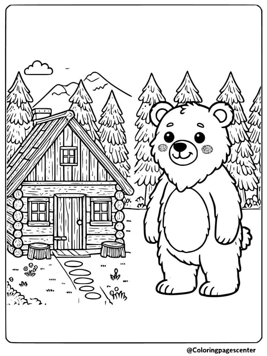 Bear standing by a cabin coloring page