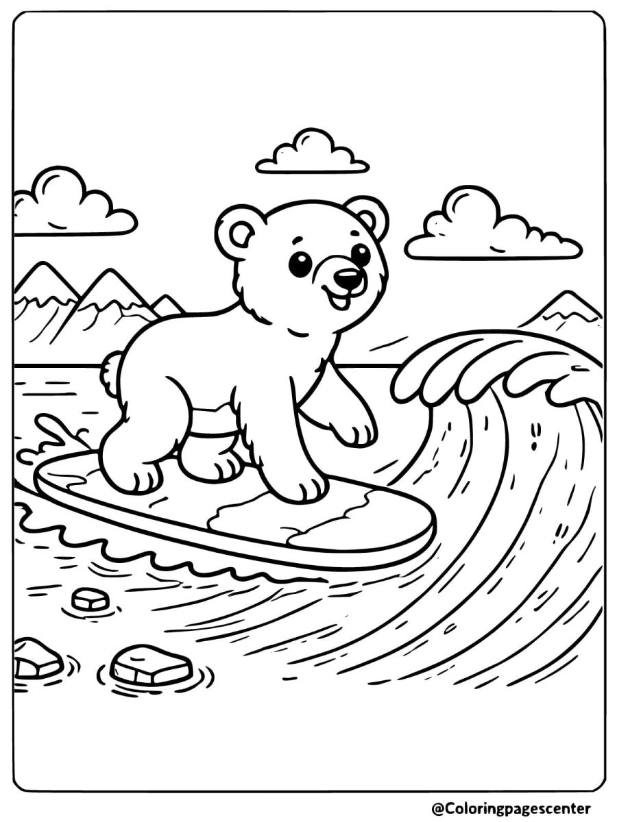 Surfing bear on wave coloring page