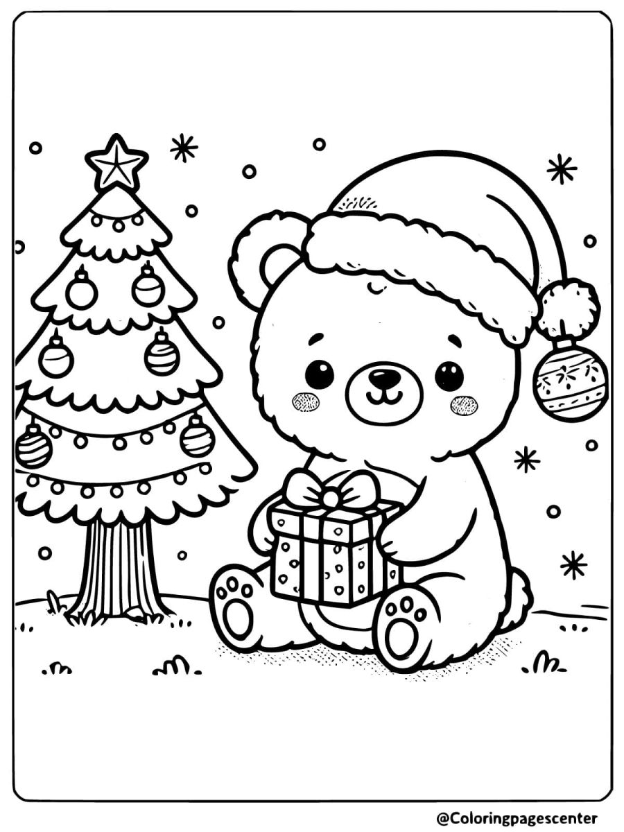 Bear with a Christmas present coloring page