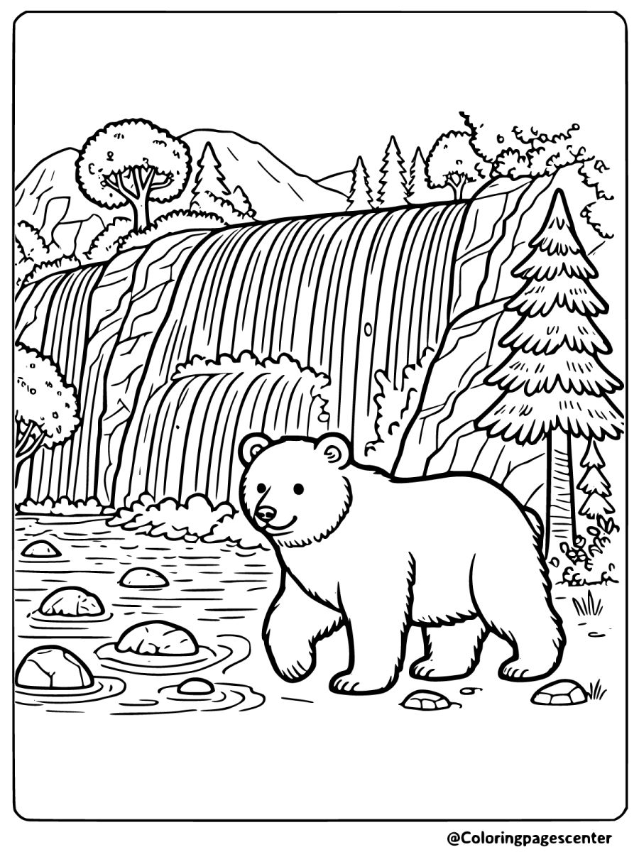 Brown bear walking by a waterfall coloring page