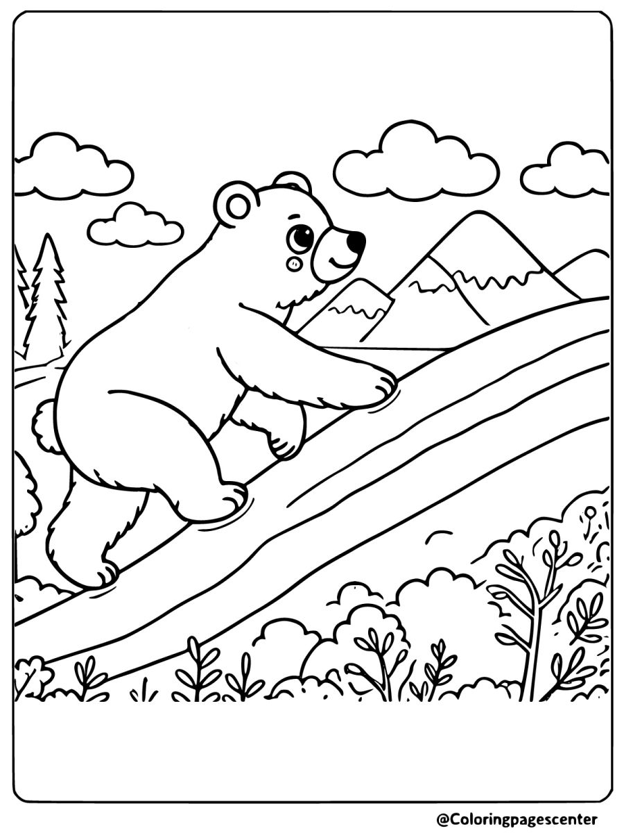 Brown bear climbing up a hill in the forest coloring page