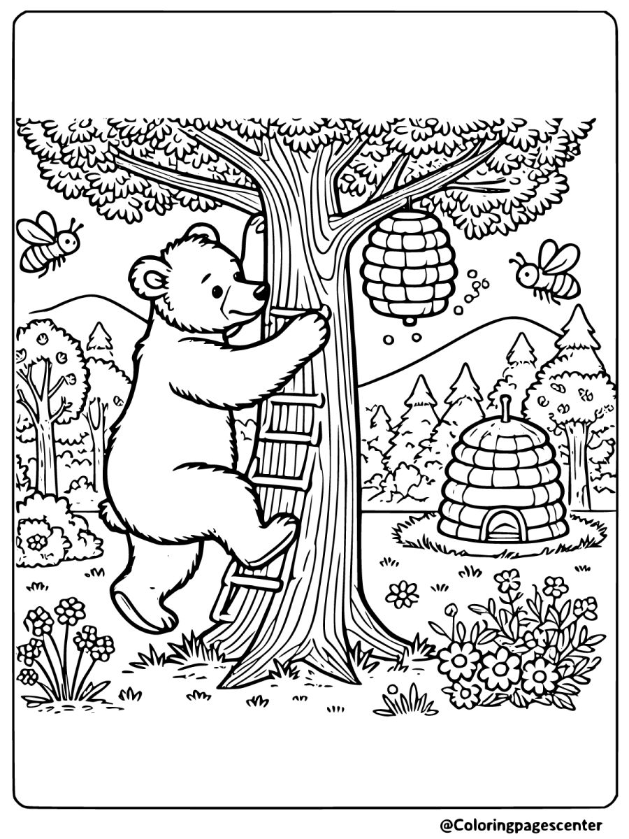 Brown bear climbing up a tree coloring page