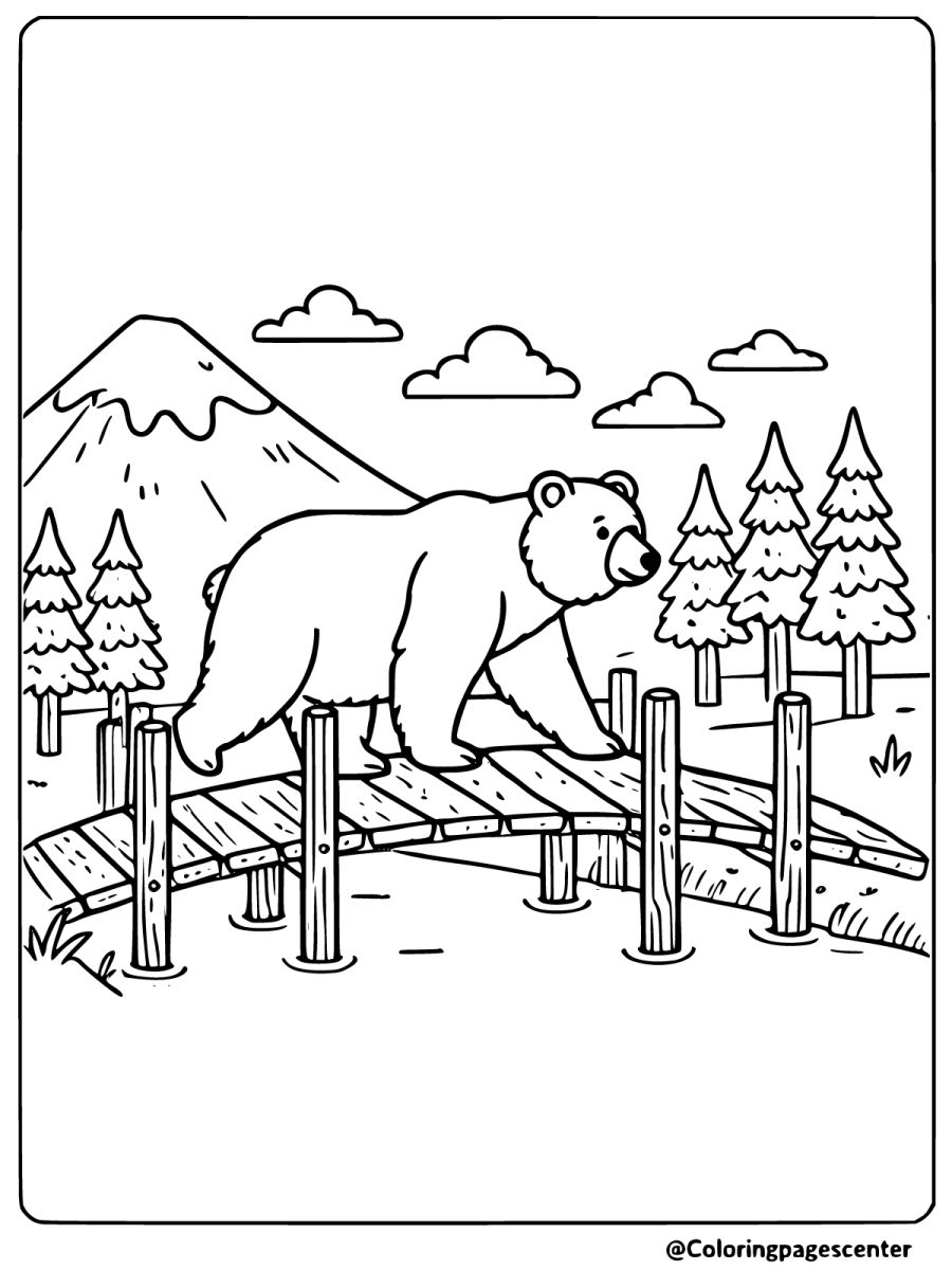 Brown bear walking on a wooden bridge coloring page