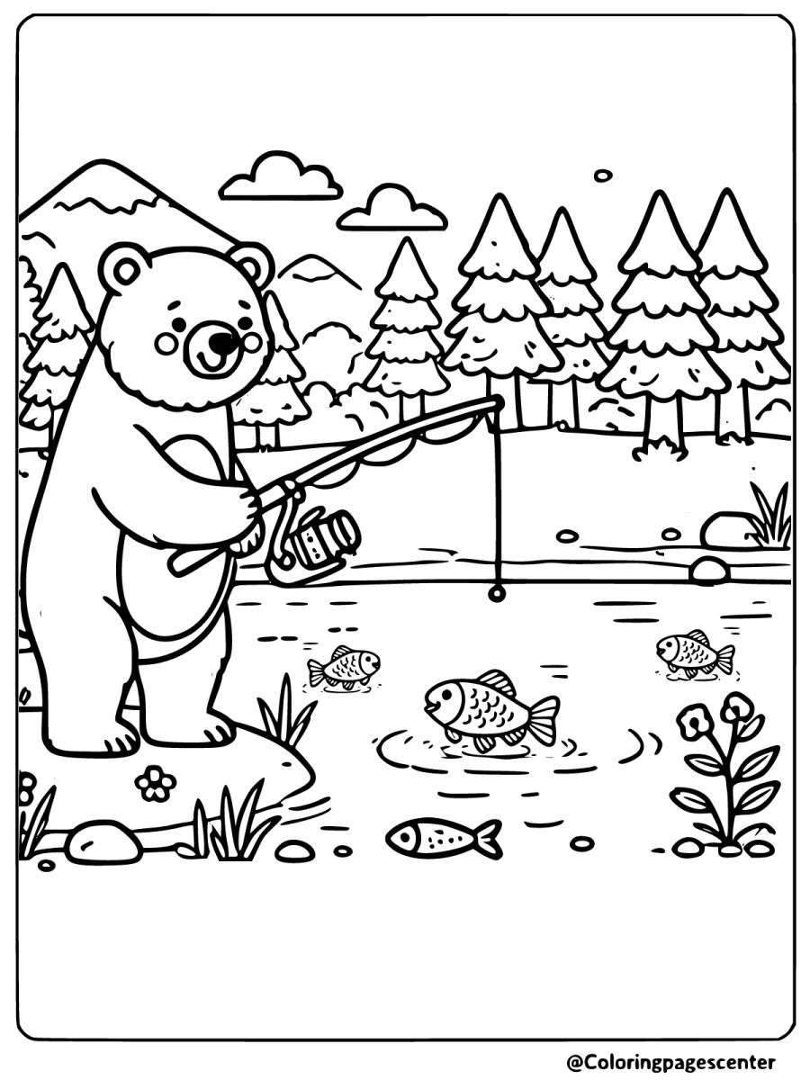 Brown bear fishing by the river coloring page