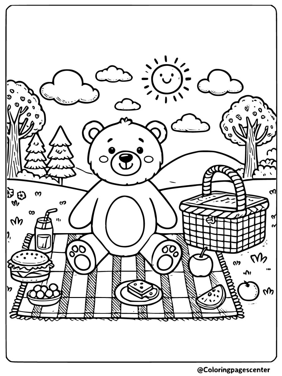 Brown bear enjoying picnic on a sunny day coloring page