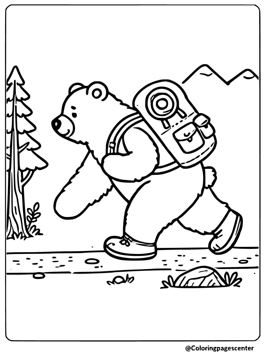 Brown bear hiking with a backpack on a trail coloring page