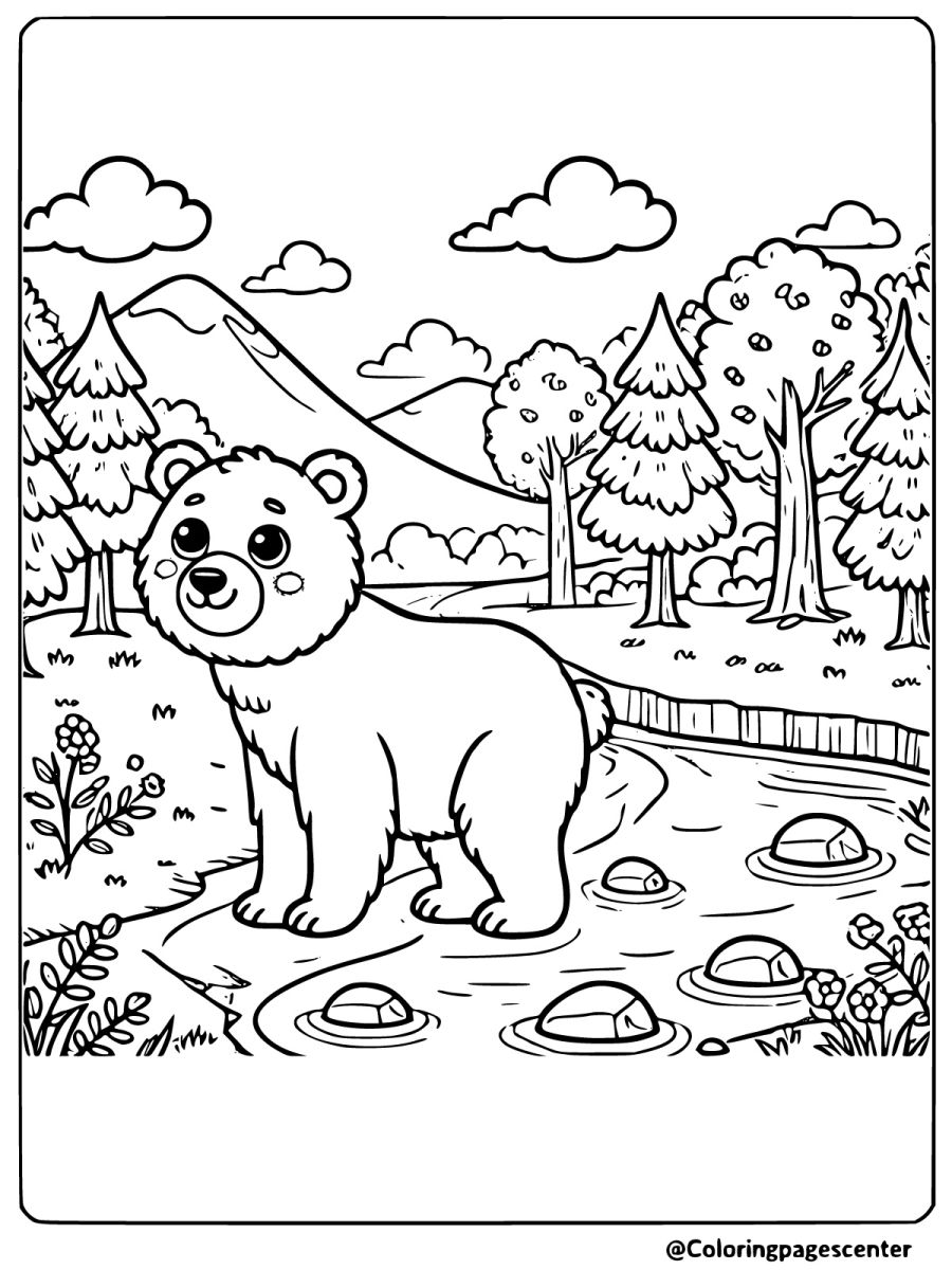 Brown bear standing in a forest stream coloring page