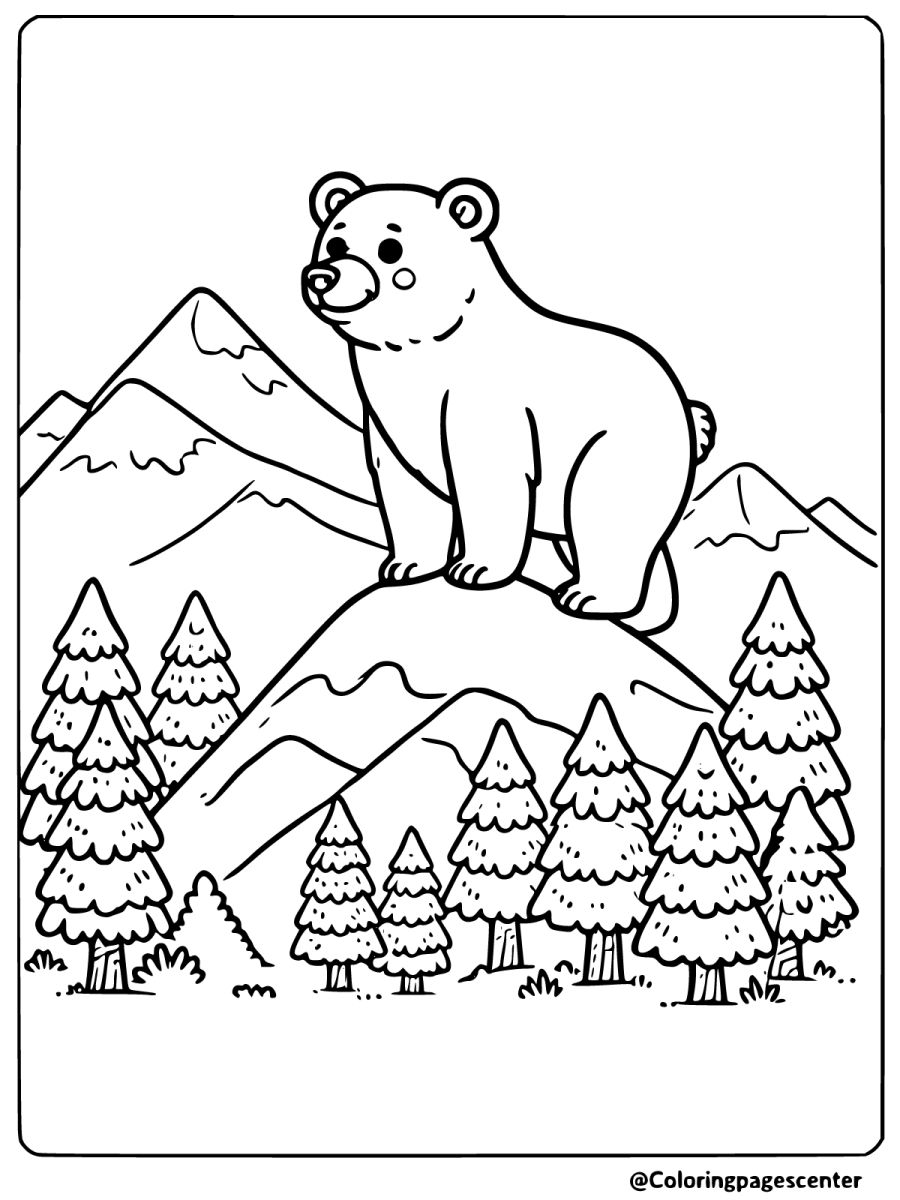 Brown bear standing on a mountain top coloring page