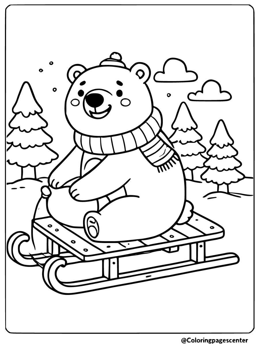 Brown bear riding a sled in the snow coloring page