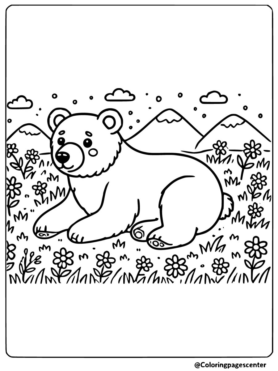 Brown bear lying in a flower meadow coloring page