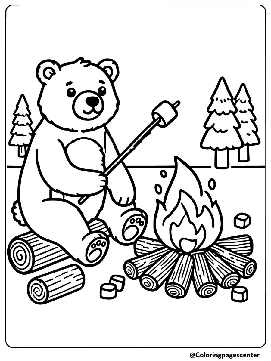 Brown bear roasting marshmallows by a campfire coloring page