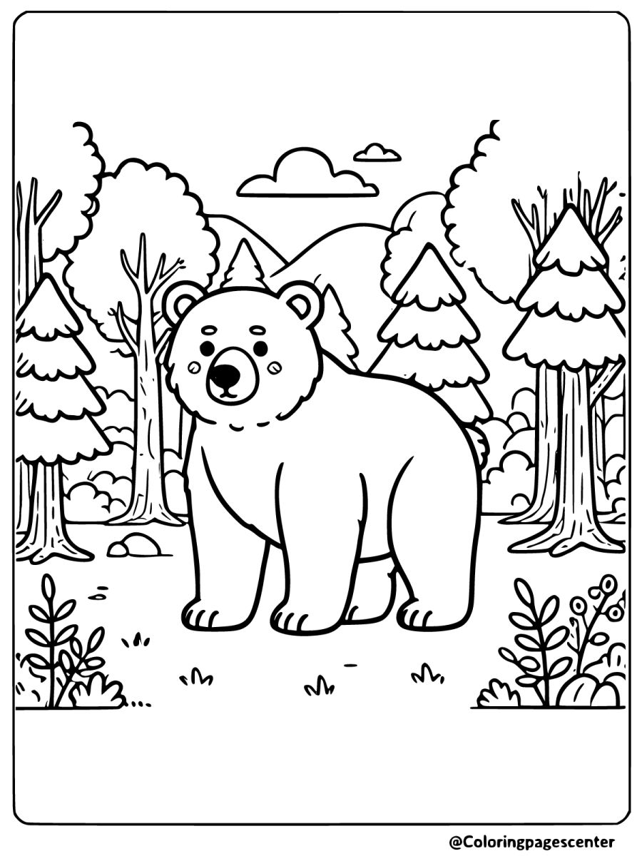 Brown bear in a forest clearing coloring page