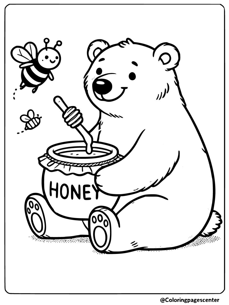 Brown bear eating honey with bees coloring page