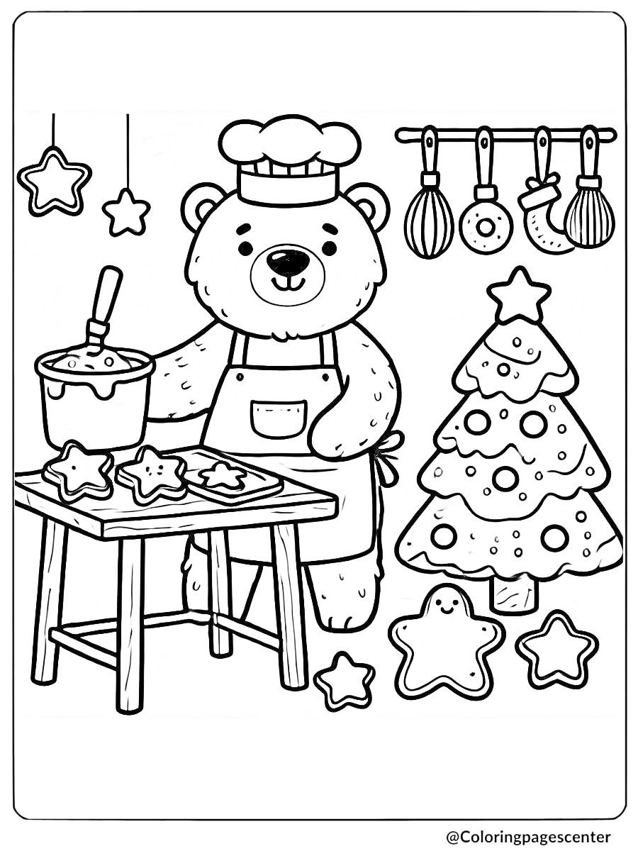 Polar bear making Christmas cookies coloring page