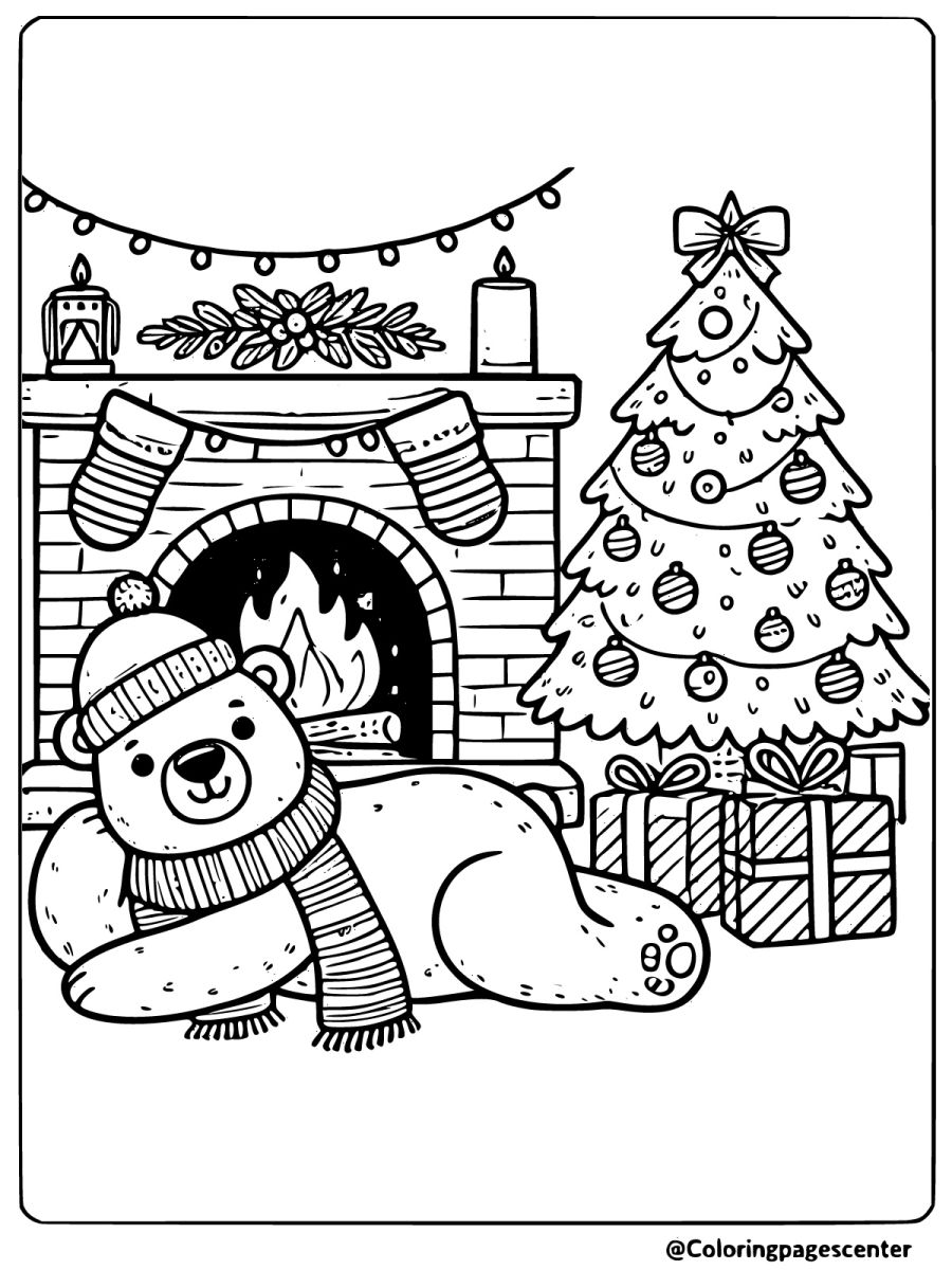 Polar bear by Christmas fireplace coloring page