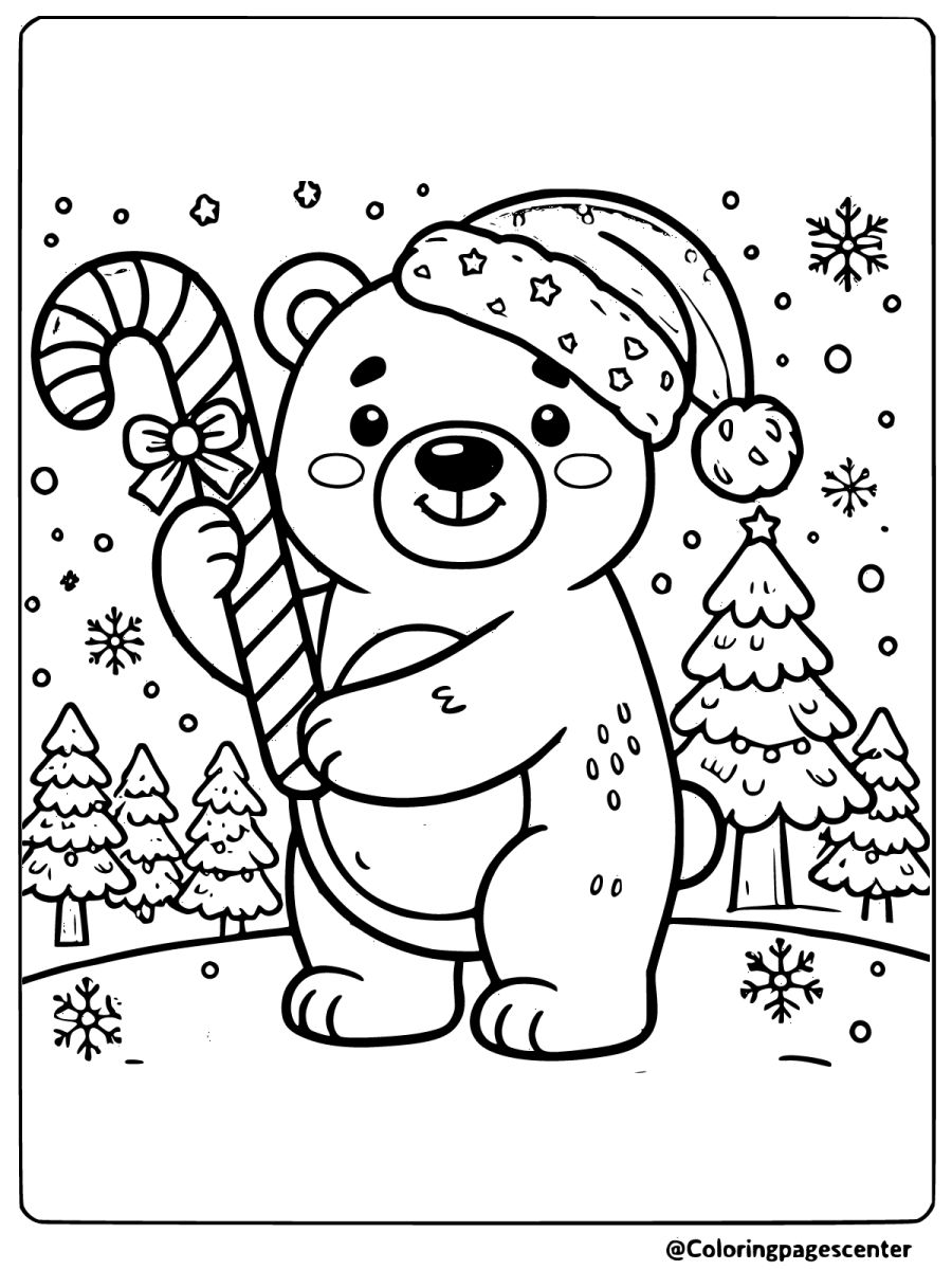 Polar bear with Christmas candy cane coloring page