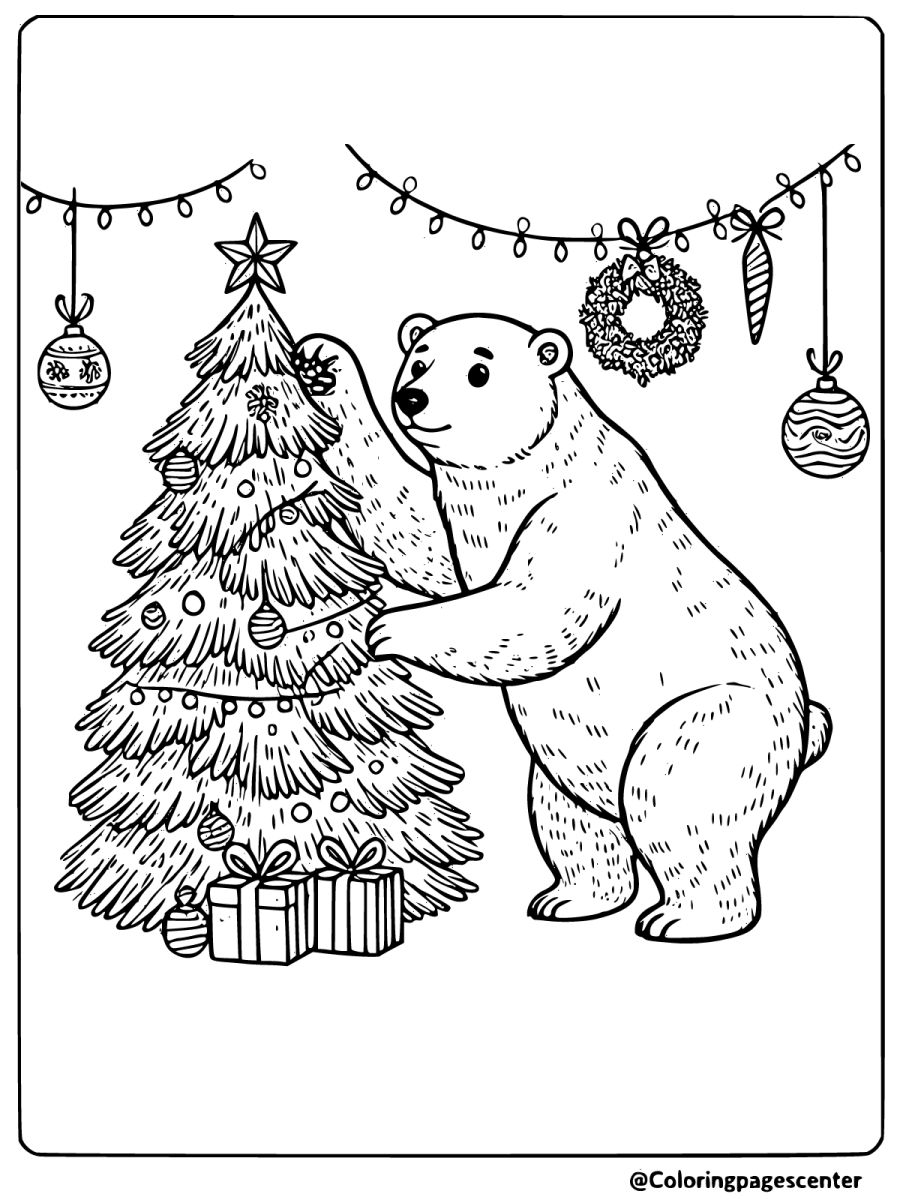 Polar bear decorating Christmas tree coloring page