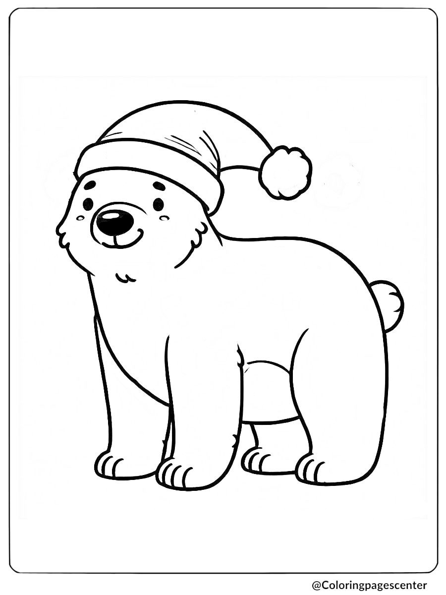 Polar bear in Christmas Santa hat coloring page