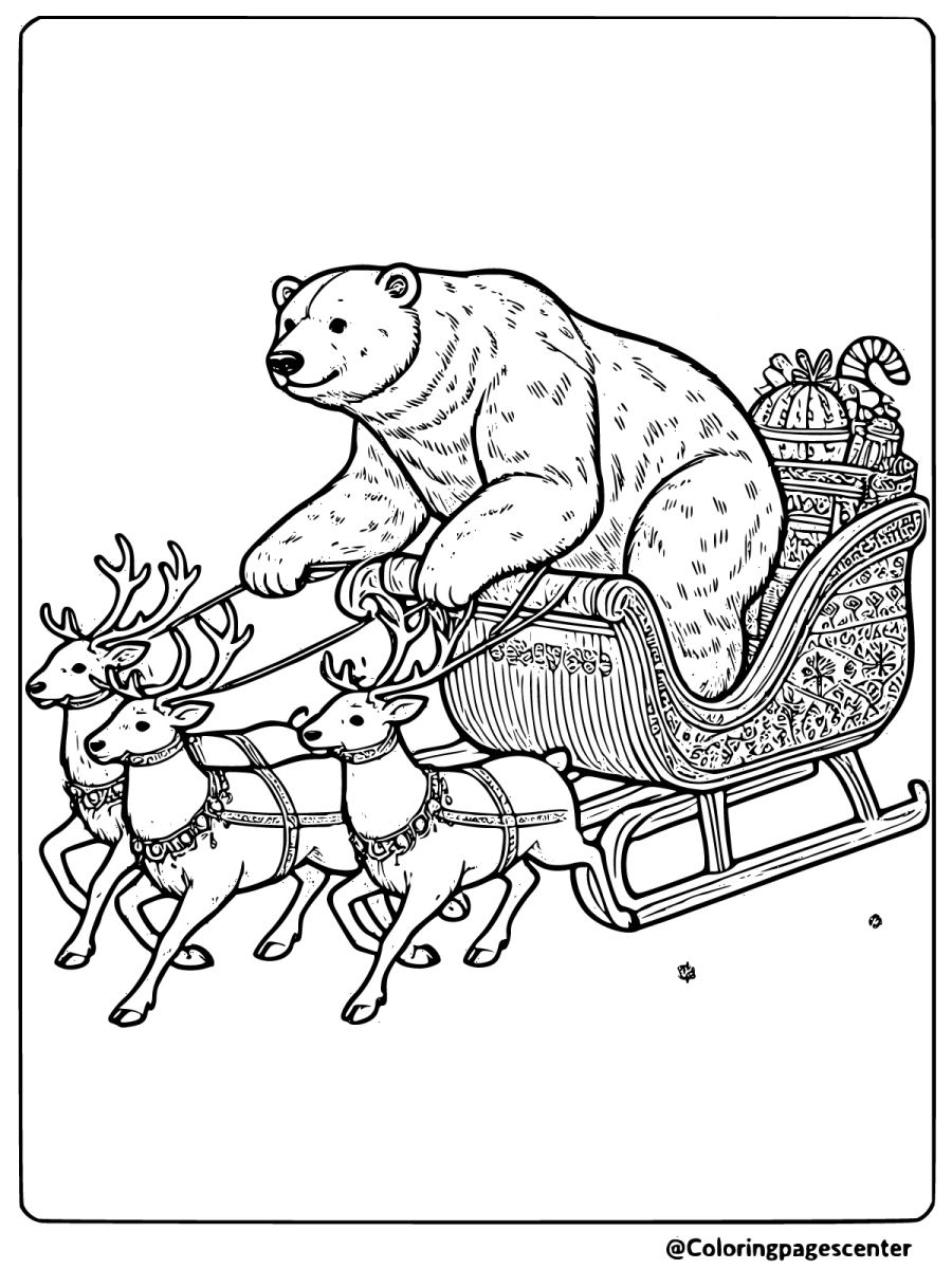 Polar bear riding Christmas sleigh coloring page