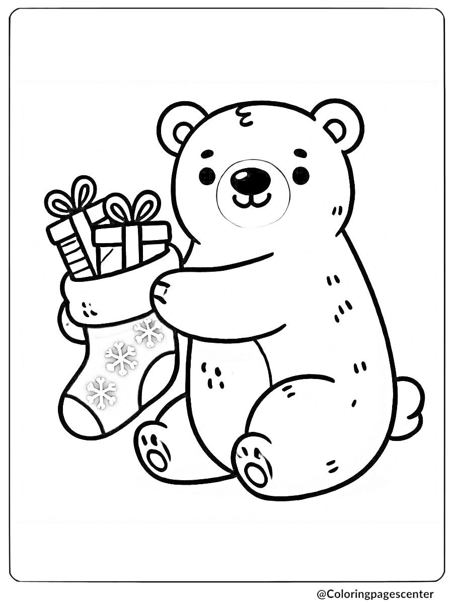 Polar bear holding Christmas gifts coloring page