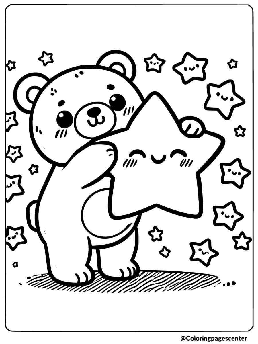 Cute bear holding a star coloring page