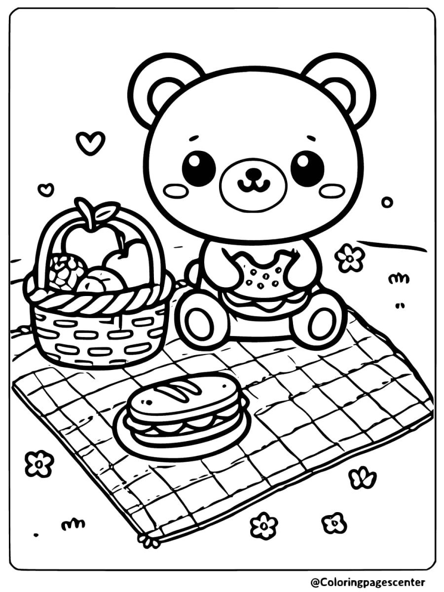 Cute bear enjoying a picnic coloring page