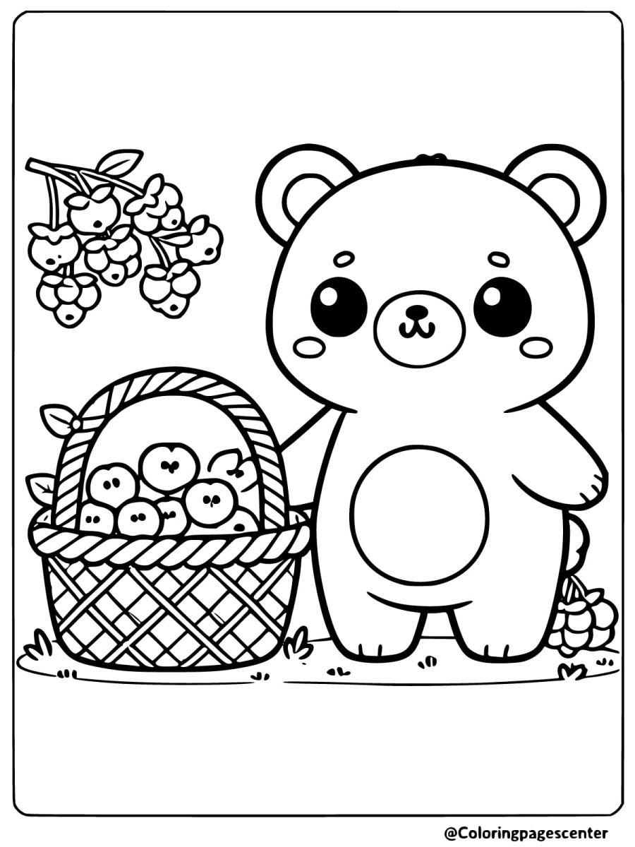 Cute bear with apple basket coloring page