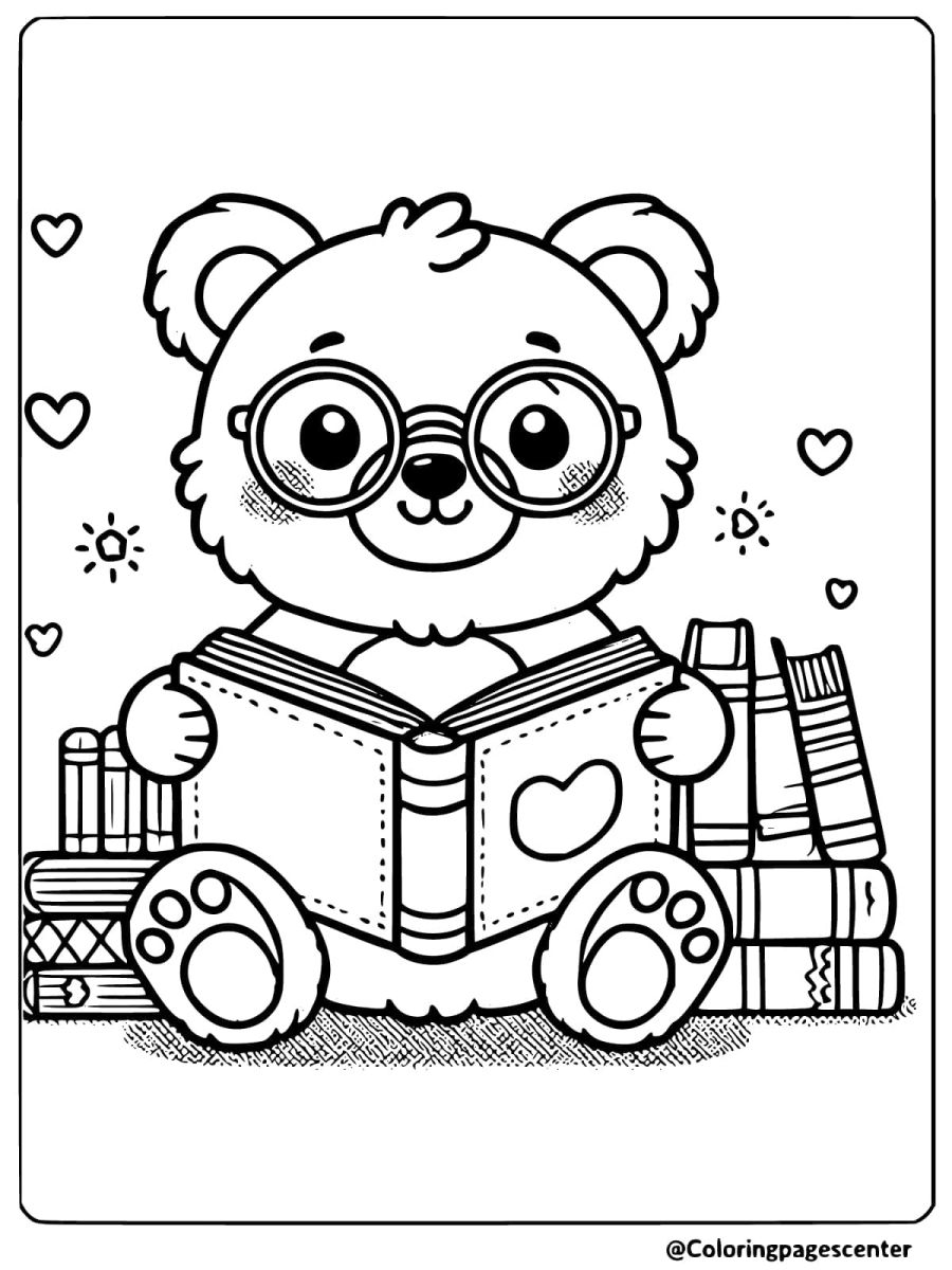 Cute bear with glasses reading coloring page