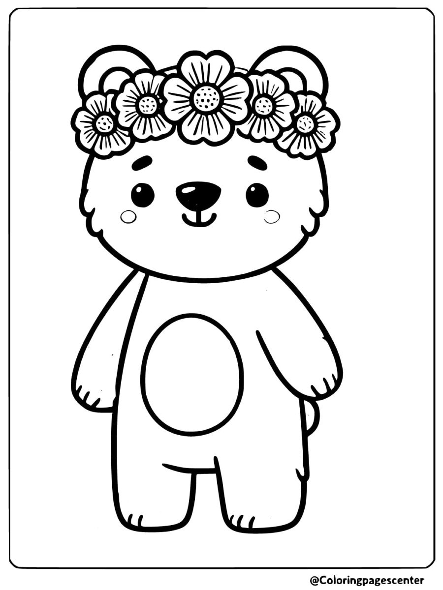 Cute bear with flower crown coloring page