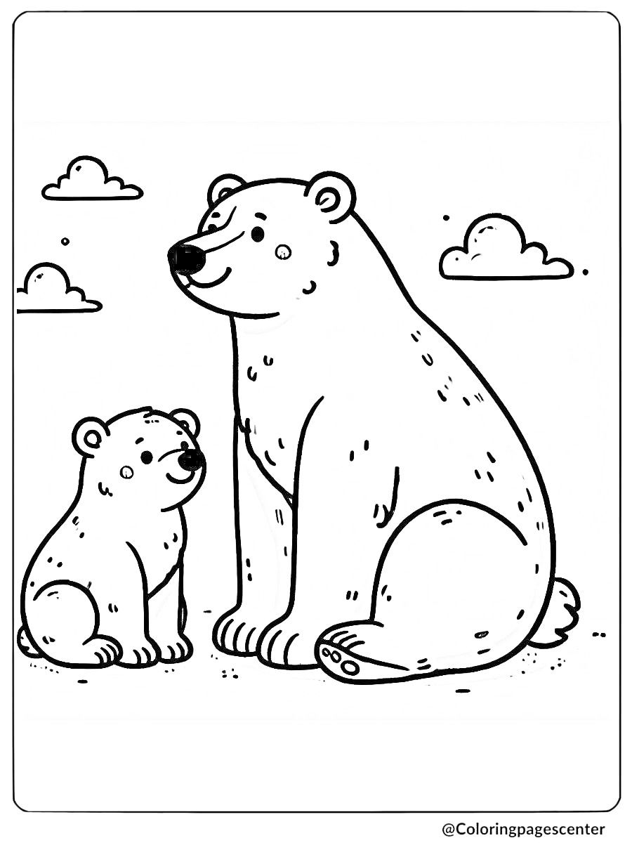 Coloring page of an easy mother and baby polar bear