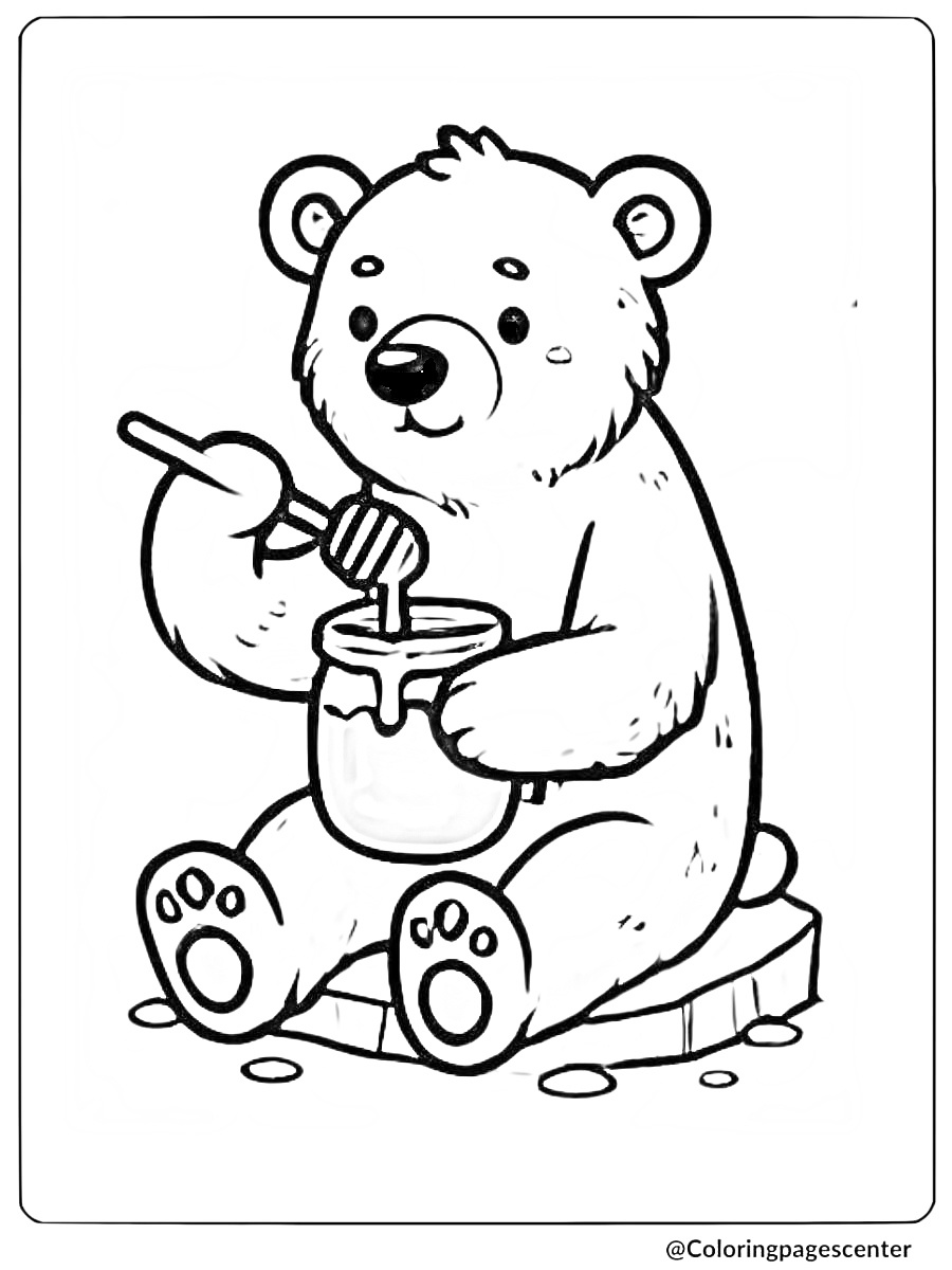 Coloring page of an easy polar bear eating honey