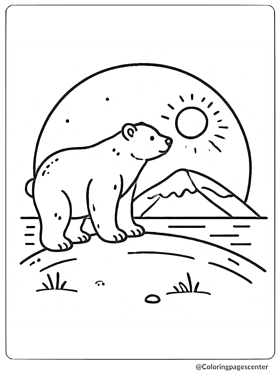 Coloring page of an easy polar bear walking in the sun