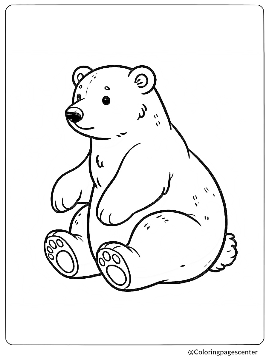 Coloring page of an easy polar bear sitting for kids