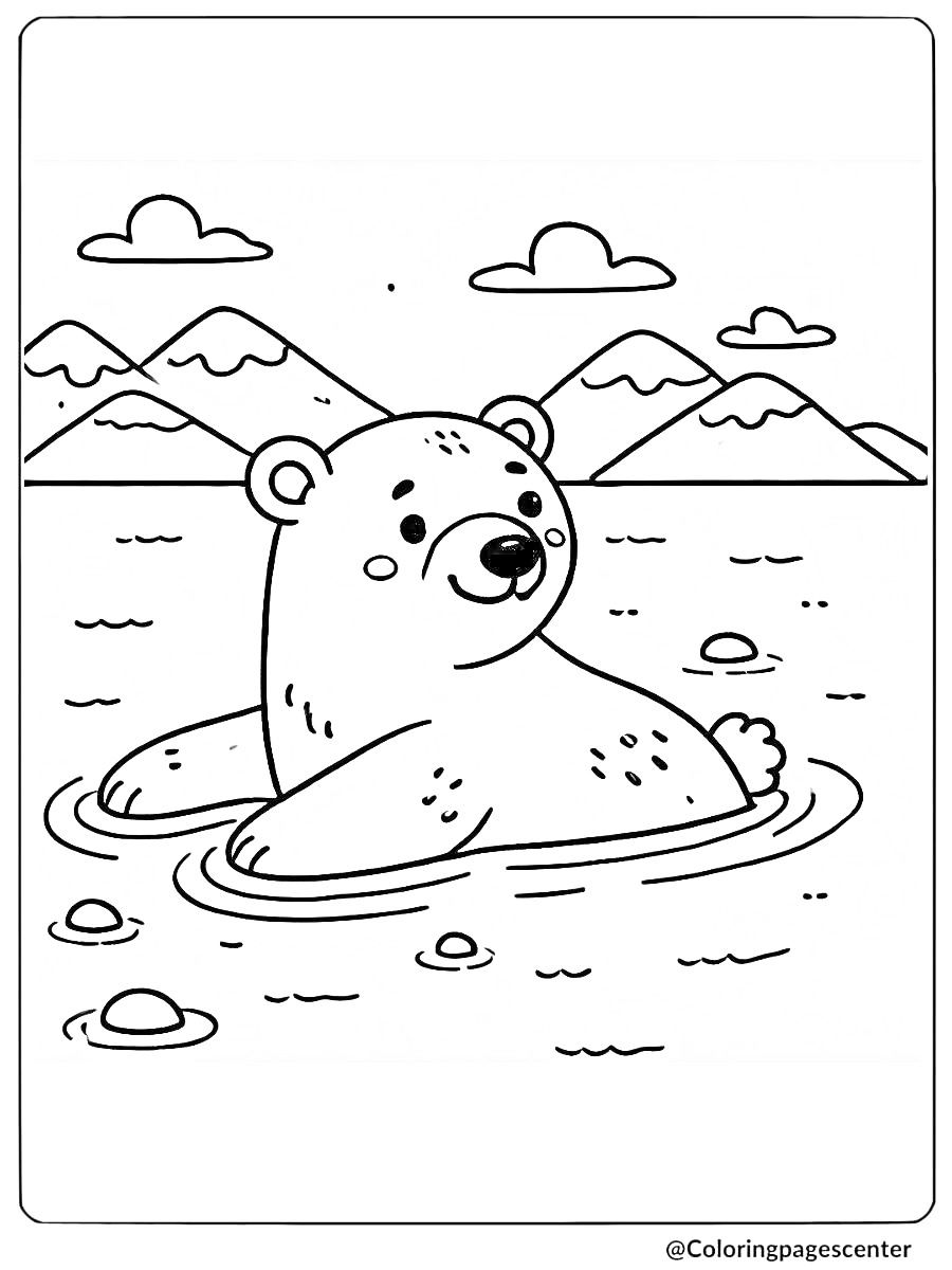 Coloring page of an easy polar bear swimming in water