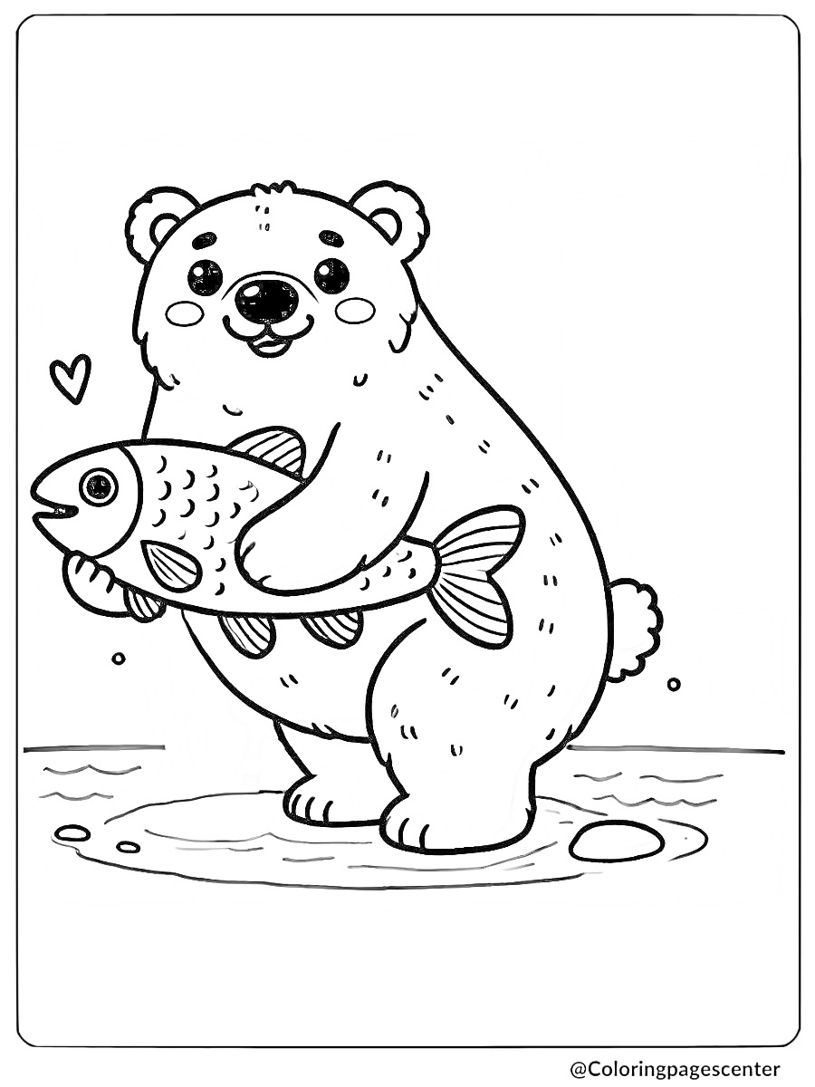 Coloring page of an easy polar bear with a fish